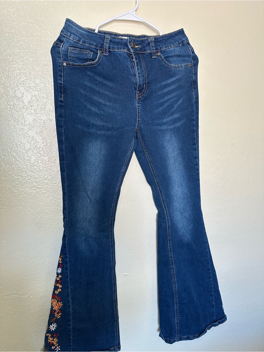 BAMBOO Dark Blue Flare Jeans with Floral Side Embroidery